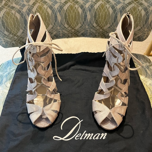 Delman Shoes - DELMAN Caged Lace-Up Open-Toe Heels, Size 9.5, Cream/Taupe Leather + Suede — EUC
